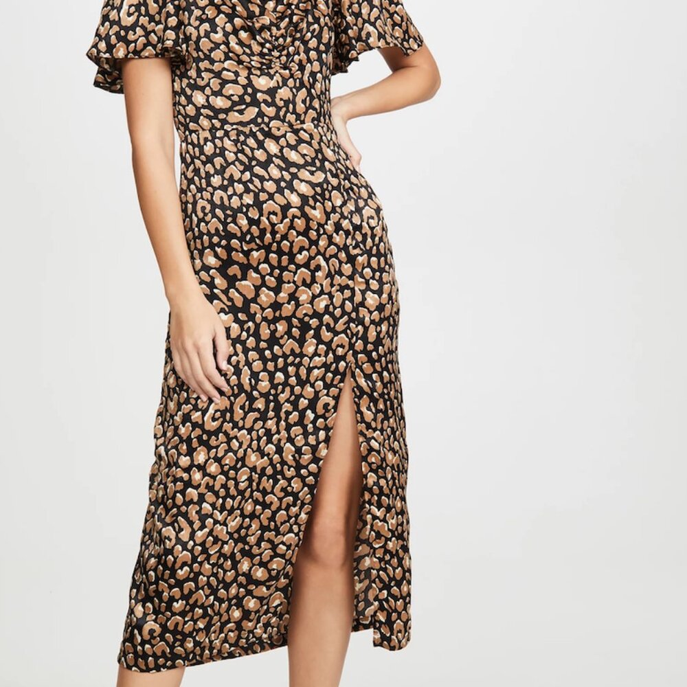 LeRumi Maya Midi Dress - Satin Leopard Print NWT Sweetheart Neckline